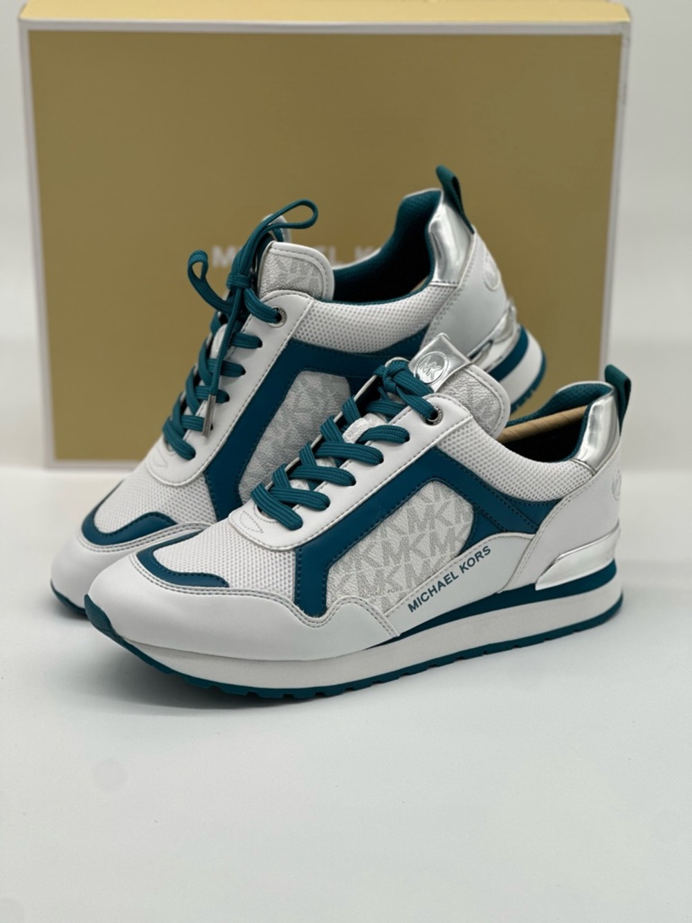 Michael Kors White and Teal Logo Wedge Sneakers